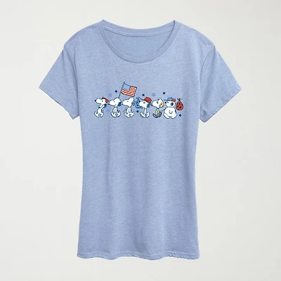 Snoopy Sibs Americana Womens Crew Neck Short Sleeve Classic Fit Graphic T-Shirt