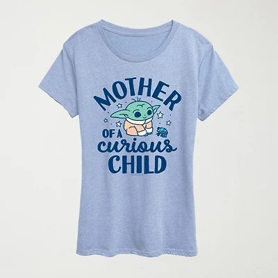 Mother Of A Curious Child Womens Crew Neck Short Sleeve Classic Fit Baby Yoda Graphic T-Shirt