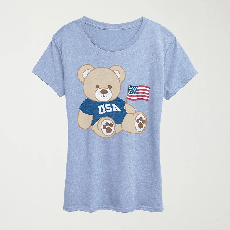 Usa Teddy Bear Womens Crew Neck Short Sleeve Classic Fit Graphic T-Shirt