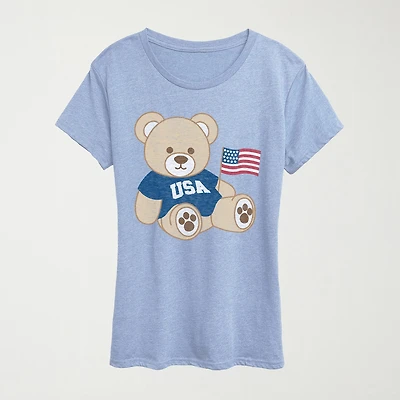 Usa Teddy Bear Womens Crew Neck Short Sleeve Classic Fit Graphic T-Shirt