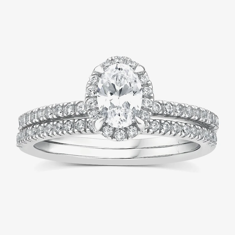 (G / Si1-Si2) Womens 1 CT. T.W. Lab Grown White Diamond 10K Gold Oval Side Stone Halo Bridal Set