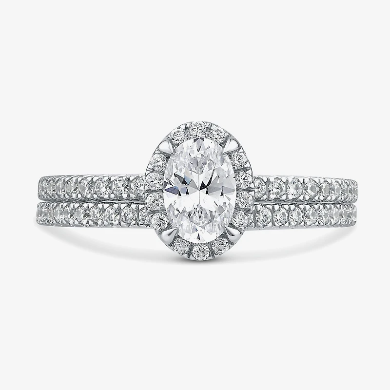 (G / Si1-Si2) Womens 1 CT. T.W. Lab Grown White Diamond 10K Gold Oval Side Stone Halo Bridal Set