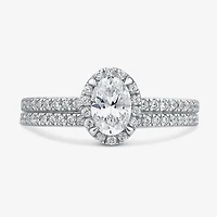 (G / Si1-Si2) Womens 1 CT. T.W. Lab Grown White Diamond 10K Gold Oval Side Stone Halo Bridal Set