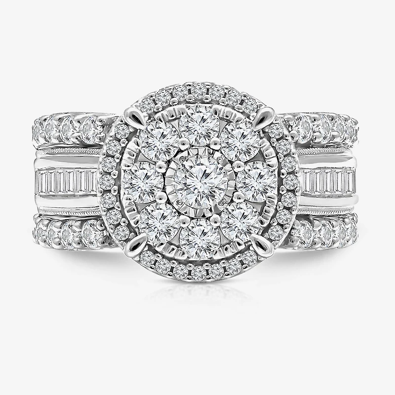 (I / I1) Womens 2 CT. T.W. Lab Grown White Diamond 10K Gold Round Side Stone Halo Engagement Ring