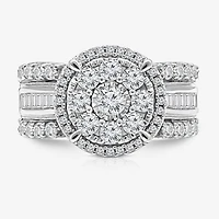 (I / I1) Womens 2 CT. T.W. Lab Grown White Diamond 10K Gold Round Side Stone Halo Engagement Ring