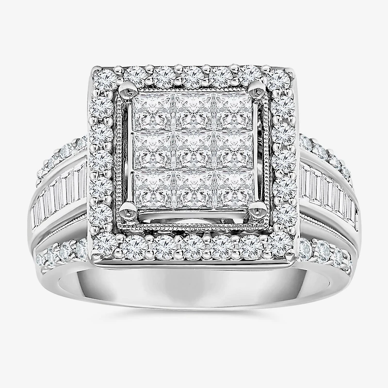 (I / I1) Womens 2 CT. T.W. Lab Grown White Diamond 10K Gold Side Stone Halo Engagement Ring