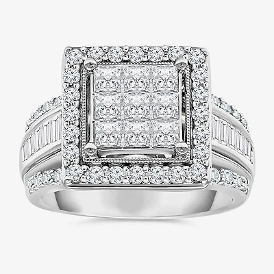 (I / I1) Womens 2 CT. T.W. Lab Grown White Diamond 10K Gold Side Stone Halo Engagement Ring