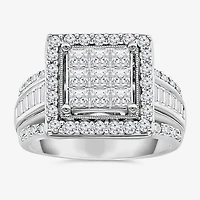 (I / I1) Womens 2 CT. T.W. Lab Grown White Diamond 10K Gold Side Stone Halo Engagement Ring