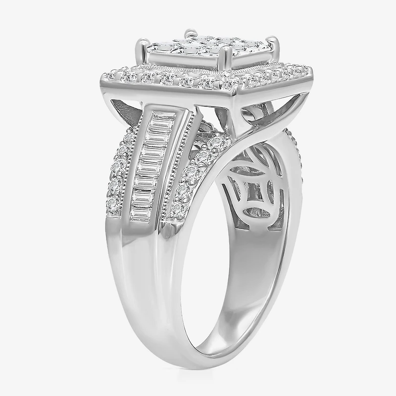 (I / I1) Womens 2 CT. T.W. Lab Grown White Diamond 10K Gold Side Stone Halo Engagement Ring