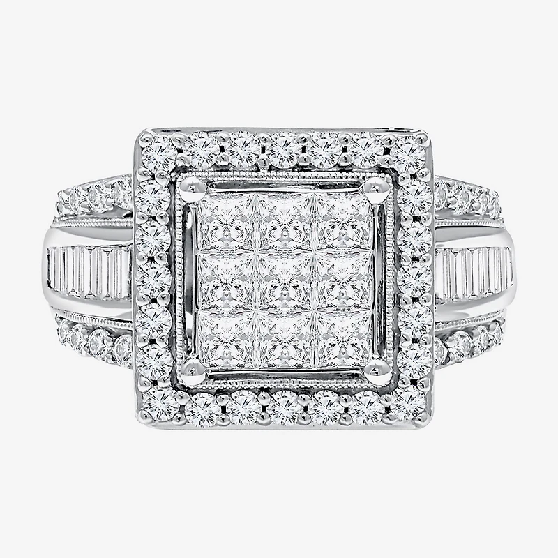 (I / I1) Womens 2 CT. T.W. Lab Grown White Diamond 10K Gold Side Stone Halo Engagement Ring