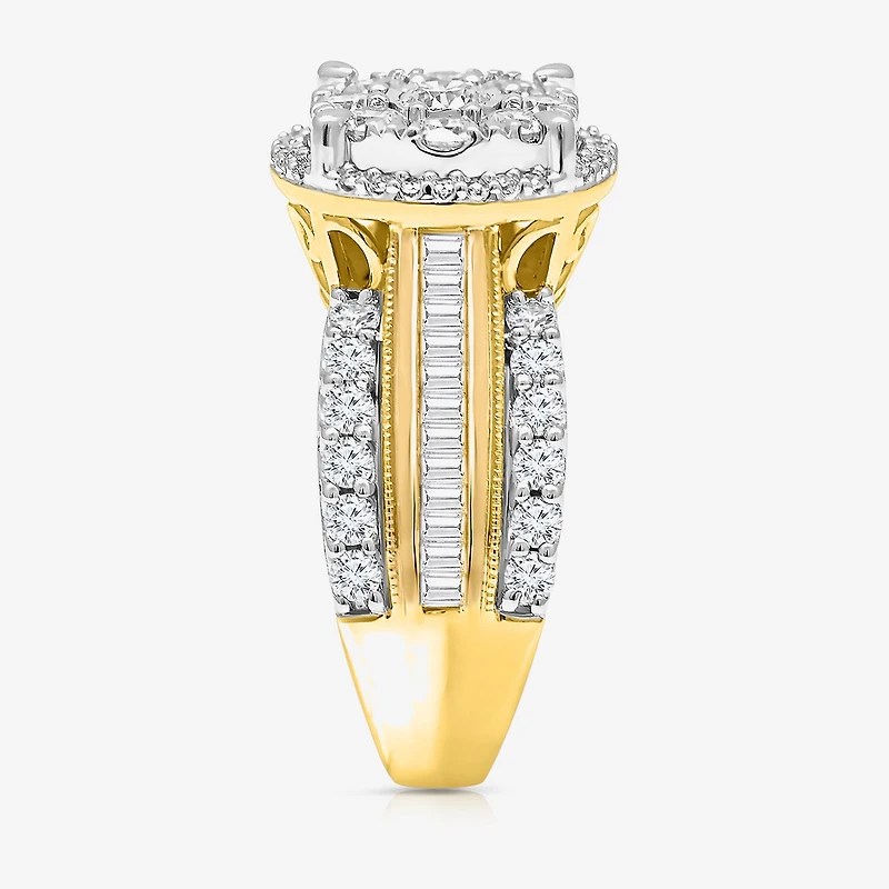 (I / I1) Womens 2 CT. T.W. Lab Grown White Diamond 10K Gold Round Side Stone Halo Engagement Ring