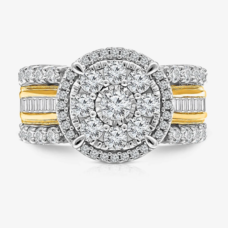 (I / I1) Womens 2 CT. T.W. Lab Grown White Diamond 10K Gold Round Side Stone Halo Engagement Ring