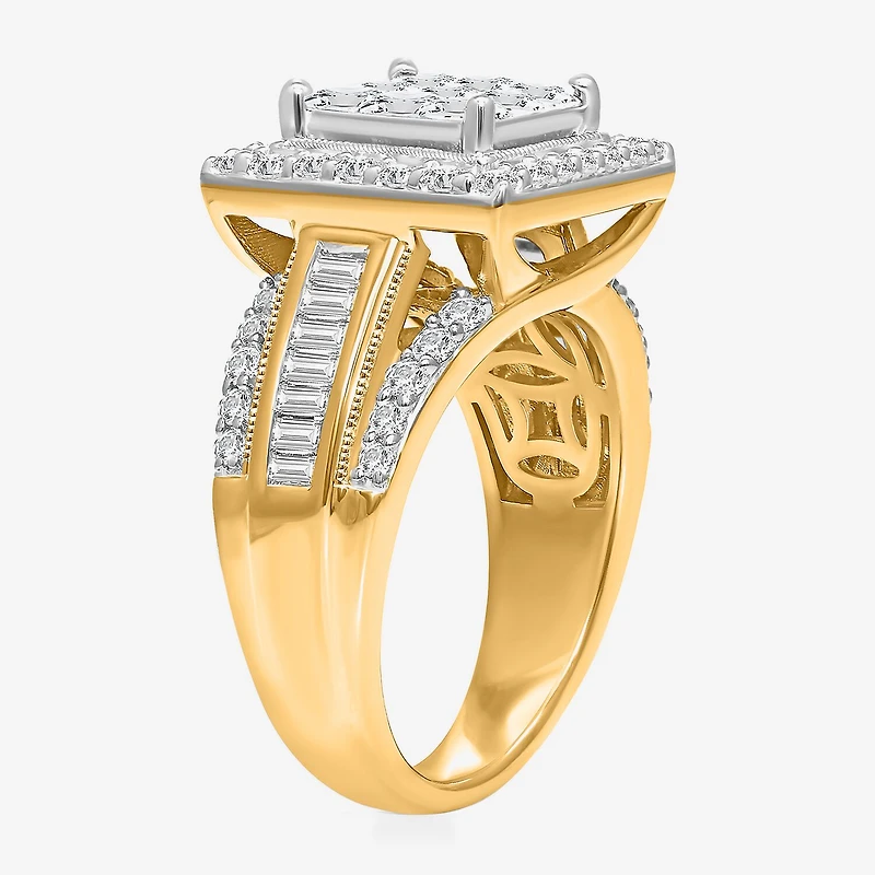 (I / I1) Womens 2 CT. T.W. Lab Grown White Diamond 10K Gold Side Stone Halo Engagement Ring