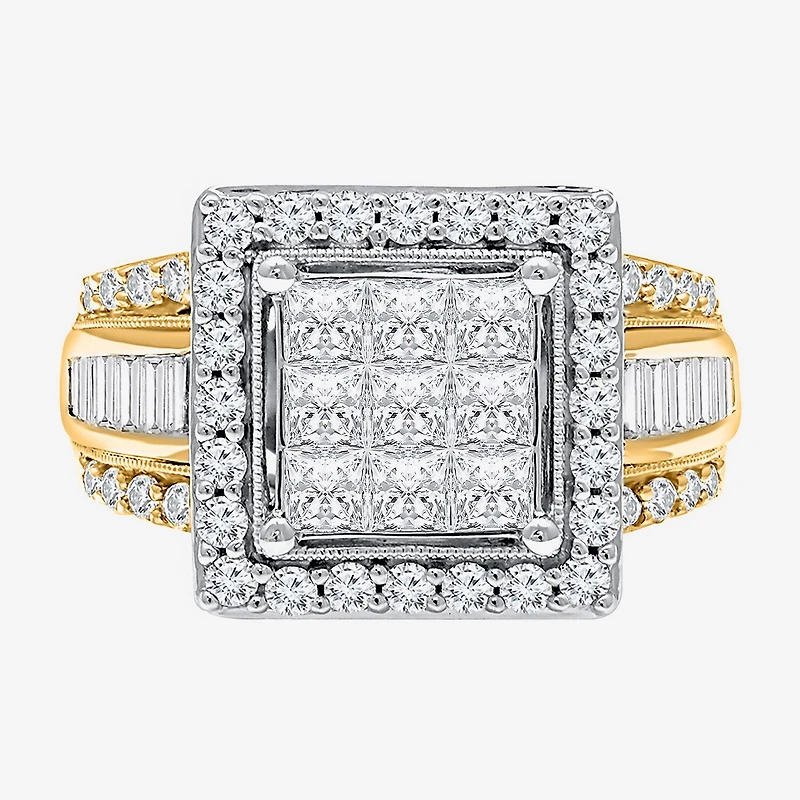 (I / I1) Womens 2 CT. T.W. Lab Grown White Diamond 10K Gold Side Stone Halo Engagement Ring