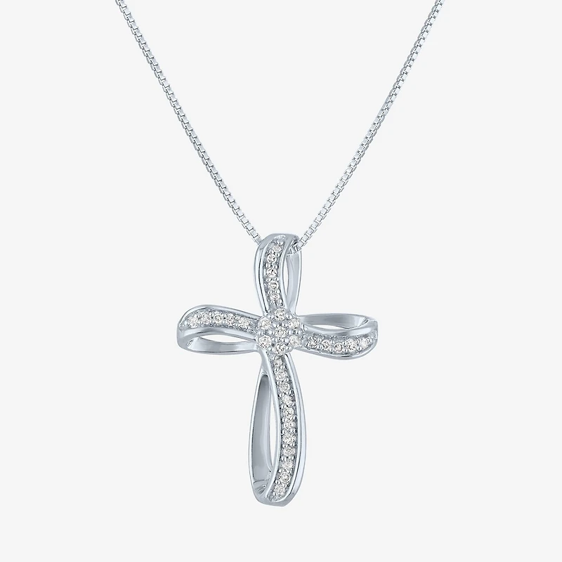 Diamond Blossom (G-H / Si2-I1) Womens 1/10 CT. T.W. Lab Grown White Sterling Silver Cross 18 Inch Pendant Necklace