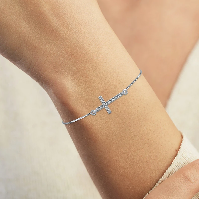Sideways (G-H / Si2-I1) Womens 1/10 CT. T.W. Lab Grown White Diamond Sterling Silver Cross Bolo Bracelet