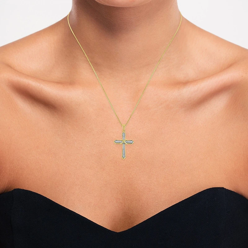 (G-H / Si2-I1) Womens 1/10 CT. T.W. Lab Grown White Diamond 14K Gold Over Silver Cross 18 Inch Pendant Necklace