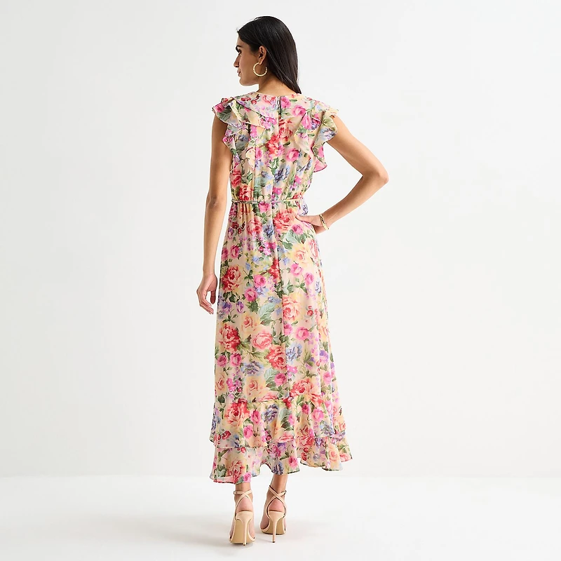 Melonie T Womens V Neck Sleeveless Ruffled Maxi Dress