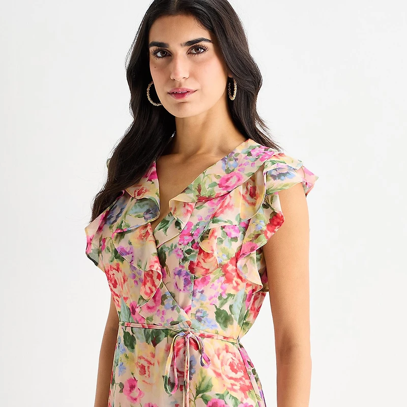 Melonie T Womens V Neck Sleeveless Ruffled Maxi Dress
