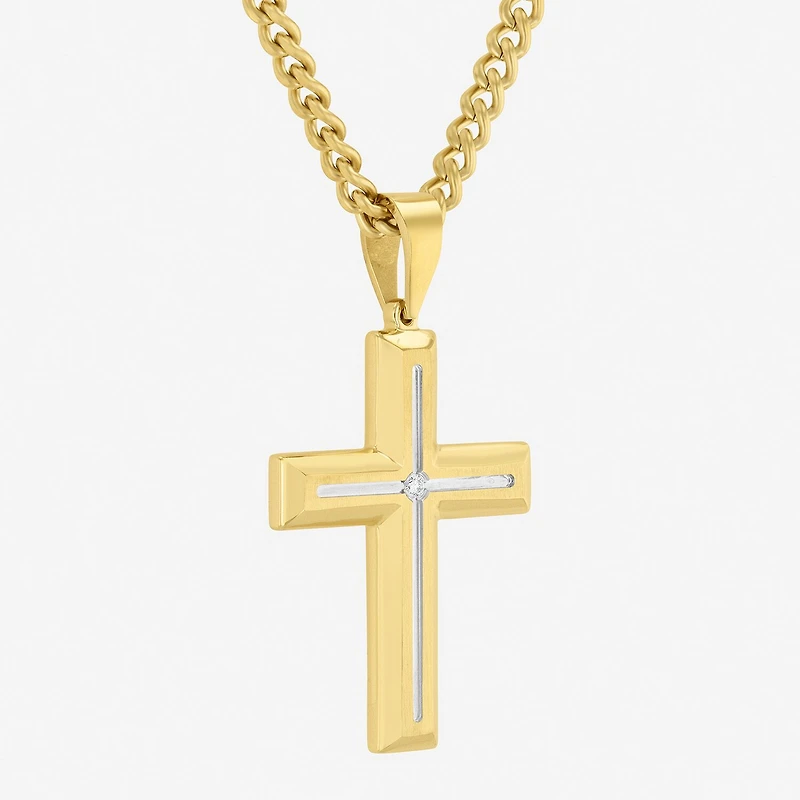Religious Jewelry Cross (H-I / I2-I3) Mens Diamond Accent Genuine White Diamond Accent Stainless Steel Cross 24 Inch Pendant Necklace