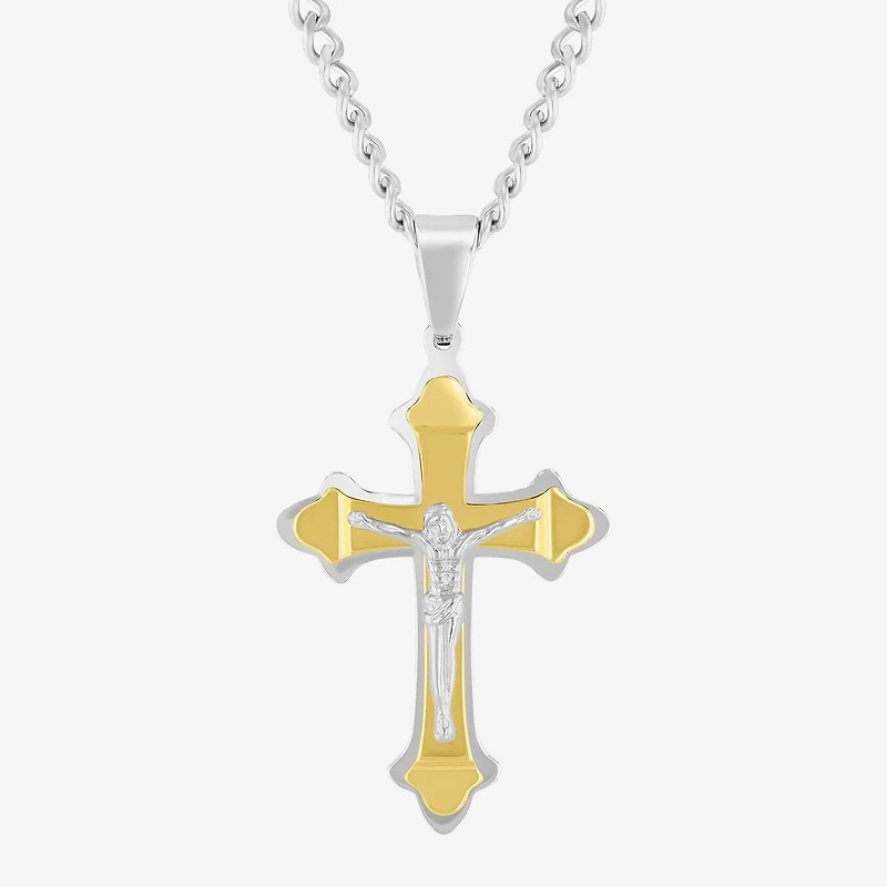 Religious Jewelry Crucifix Mens Stainless Steel Cross 24 Inch Pendant Necklace