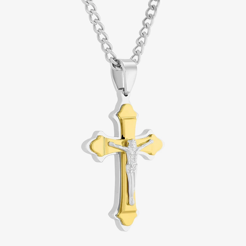 Religious Jewelry Crucifix Mens Stainless Steel Cross 24 Inch Pendant Necklace
