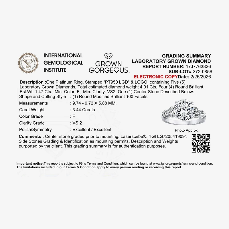 Grown Gorgeous (F, Vs2) Womens 4 7/8 Ct. T.W. Lab White Diamond 14K Gold or Platinum Round Side Stone 5-Stone Engagement Ring
