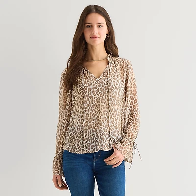 a.n.a Sheer Womens Tall Split Tie Neck Long Sleeve Blouse