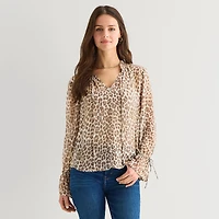a.n.a Sheer Womens Tall Split Tie Neck Long Sleeve Blouse