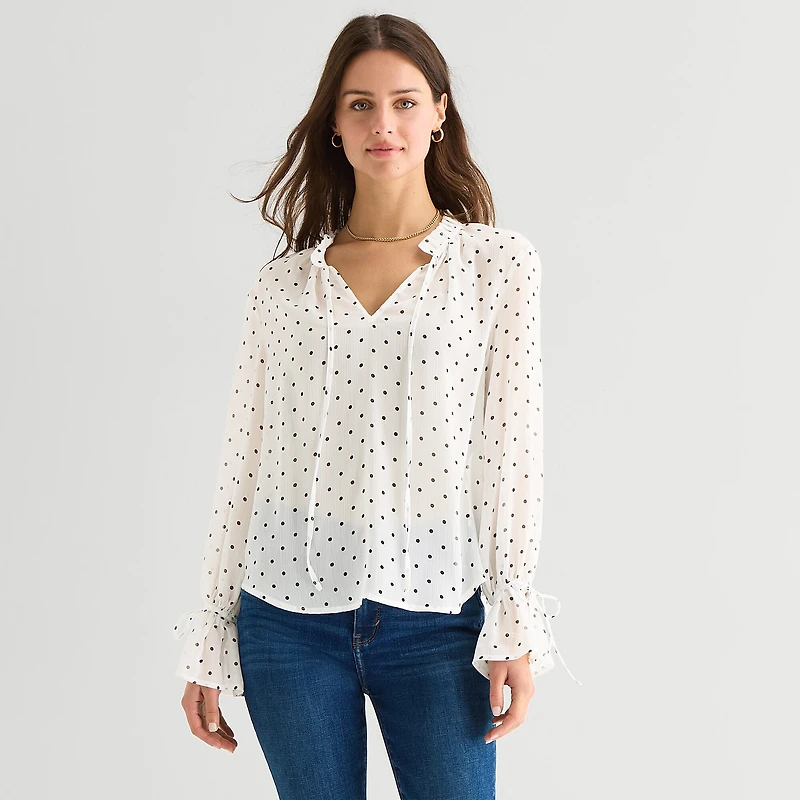 A.N.A Sheer Womens Tall Split Tie Neck Long Sleeve Blouse