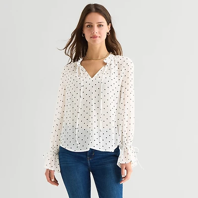 A.N.A Sheer Womens Tall Split Tie Neck Long Sleeve Blouse