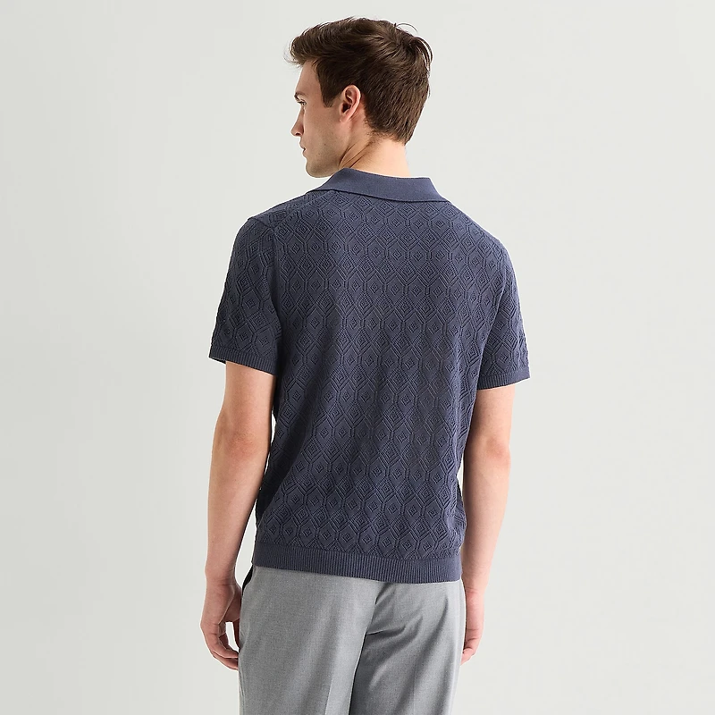 J. Ferrar Pointelle Johnny Collar Mens Short Sleeve Polo Sweater