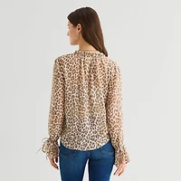 a.n.a Sheer Womens Split Tie Neck Long Sleeve Blouse