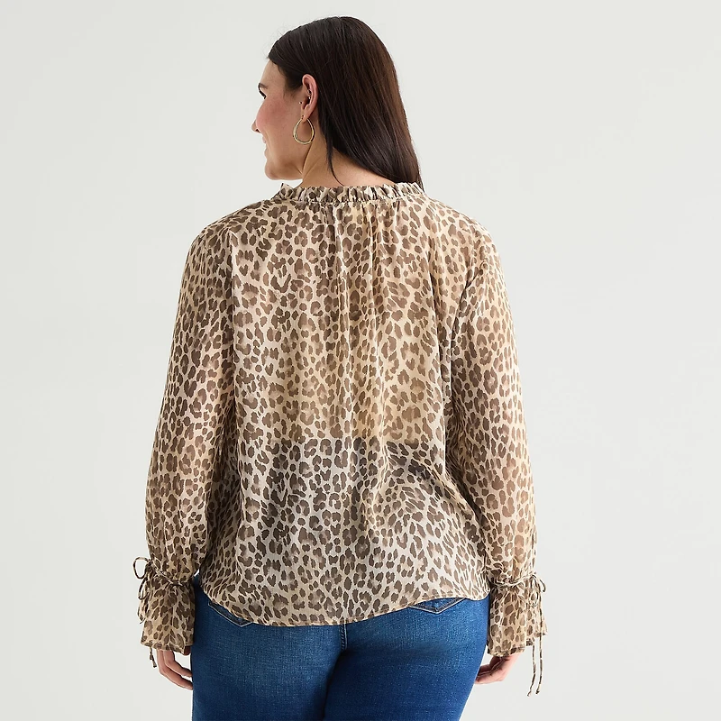 a.n.a Sheer Womens Plus Split Tie Neck Long Sleeve Blouse