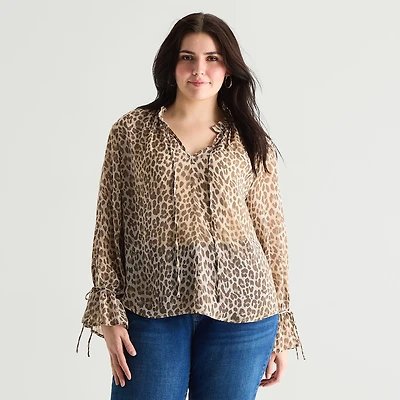a.n.a Sheer Womens Plus Split Tie Neck Long Sleeve Blouse