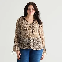 a.n.a Sheer Womens Plus Split Tie Neck Long Sleeve Blouse