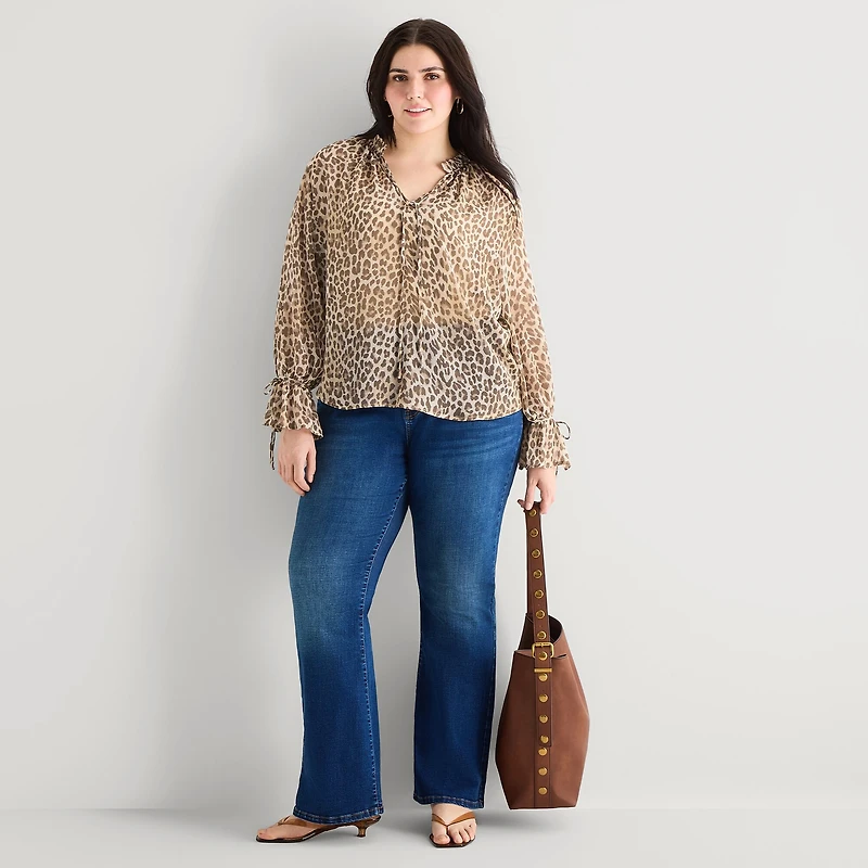 a.n.a Sheer Womens Plus Split Tie Neck Long Sleeve Blouse