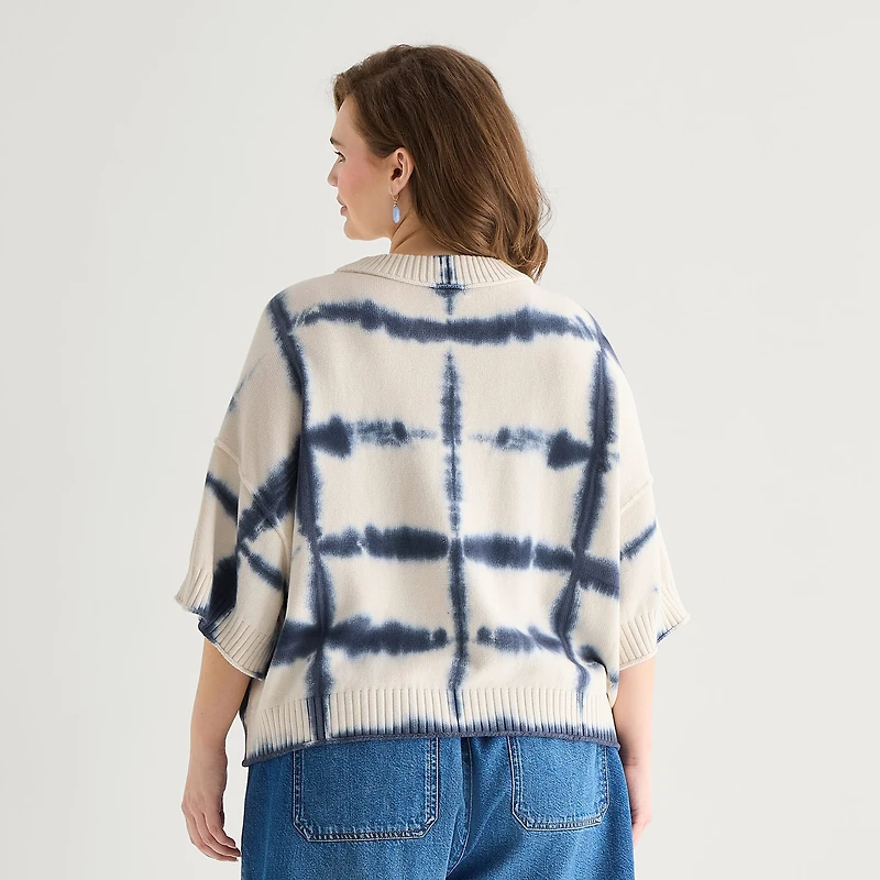 a.n.a Plus Womens Crew Neck Short Sleeve Tie Dye Pullover Sweater