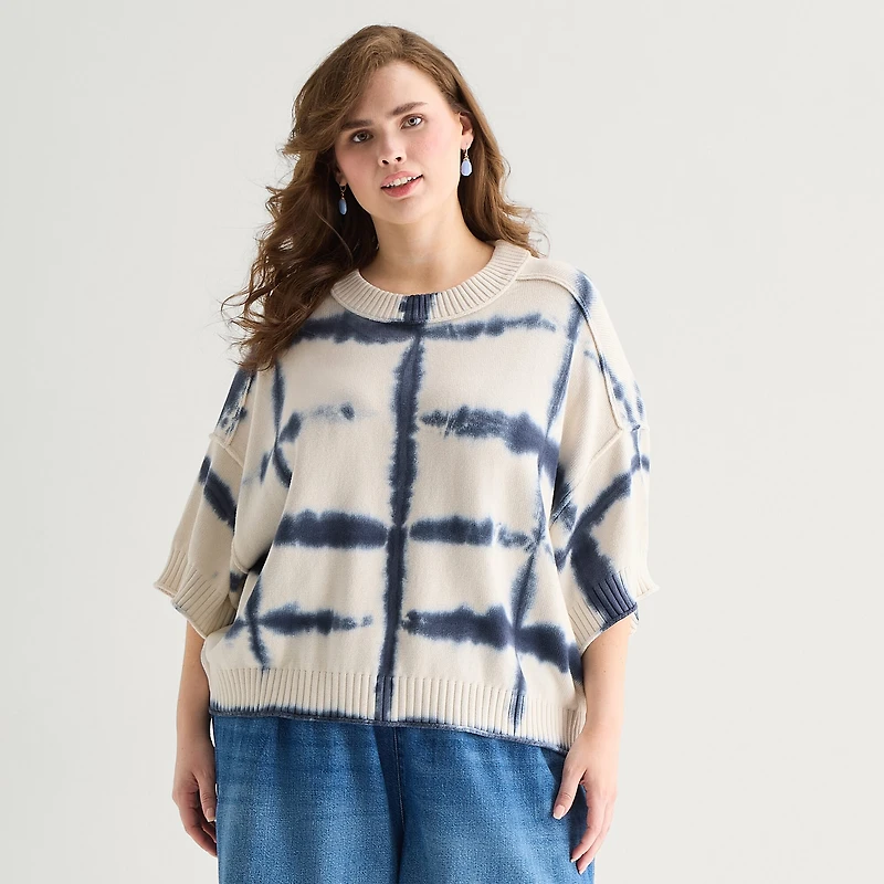 a.n.a Plus Womens Crew Neck Short Sleeve Tie Dye Pullover Sweater