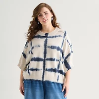 a.n.a Plus Womens Crew Neck Short Sleeve Tie Dye Pullover Sweater