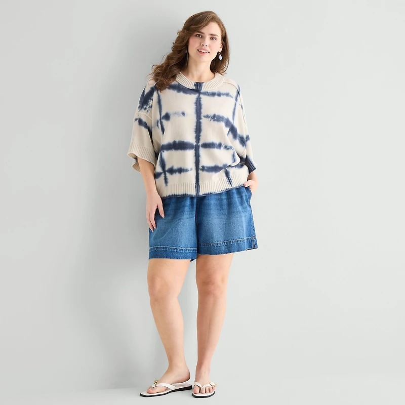 a.n.a Plus Womens Crew Neck Short Sleeve Tie Dye Pullover Sweater