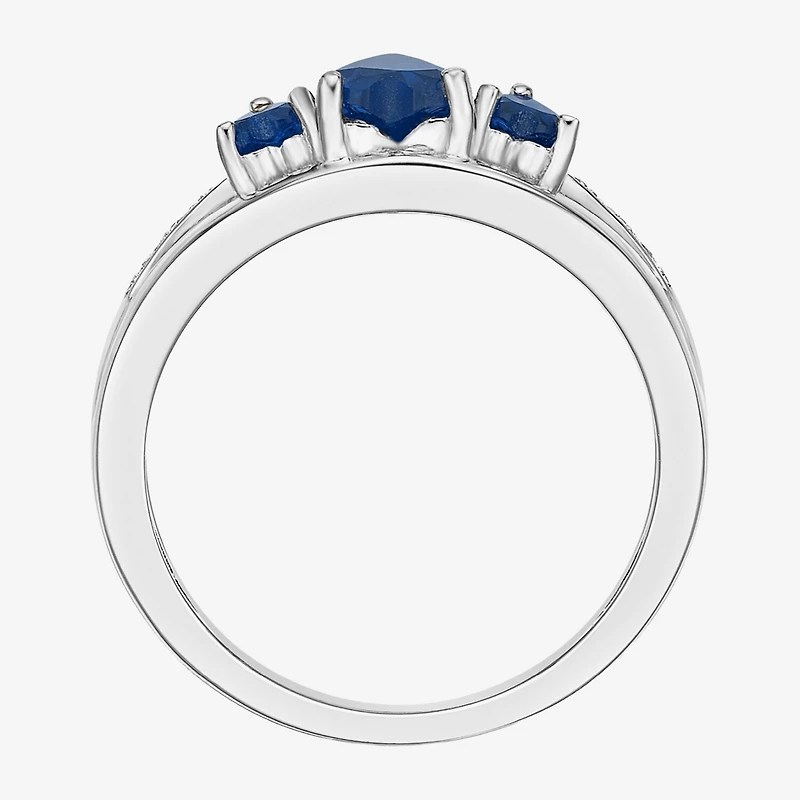 Womens Diamond Accent Lab Created Sapphire Sterling Silver 3-Stone Side Stone Cocktail Ring