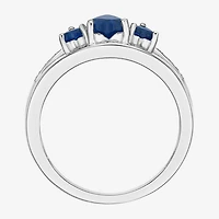 Womens Diamond Accent Lab Created Sapphire Sterling Silver 3-Stone Side Stone Cocktail Ring