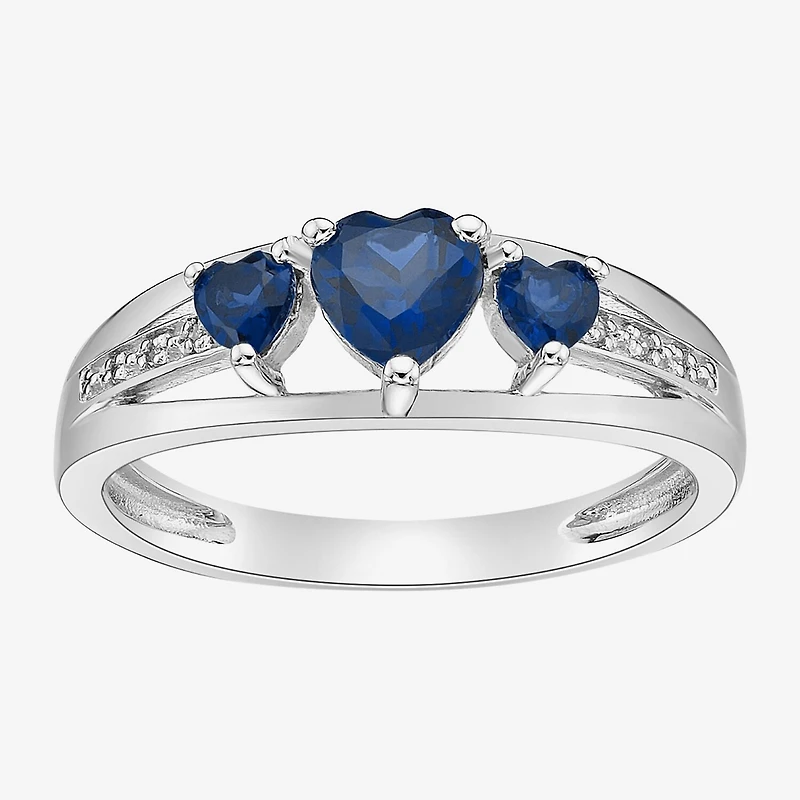 Womens Diamond Accent Lab Created Sapphire Sterling Silver 3-Stone Side Stone Cocktail Ring