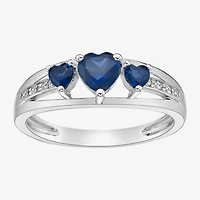 Womens Diamond Accent Lab Created Sapphire Sterling Silver 3-Stone Side Stone Cocktail Ring