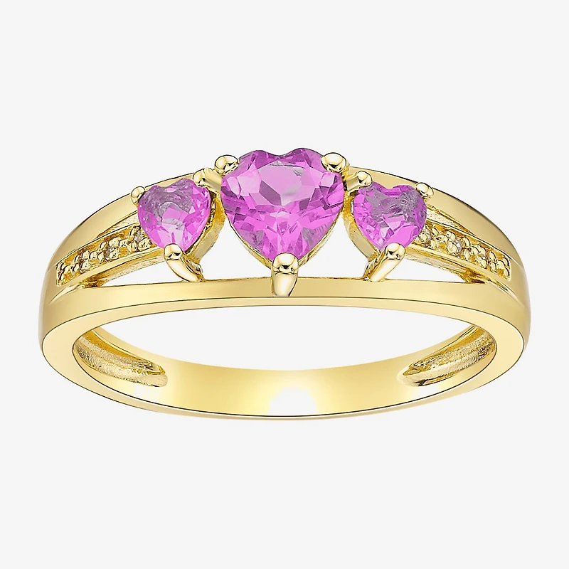 Womens Diamond Accent Lab Created Pink Sapphire 18K Gold Over Silver 3-Stone Side Stone Cocktail Ring