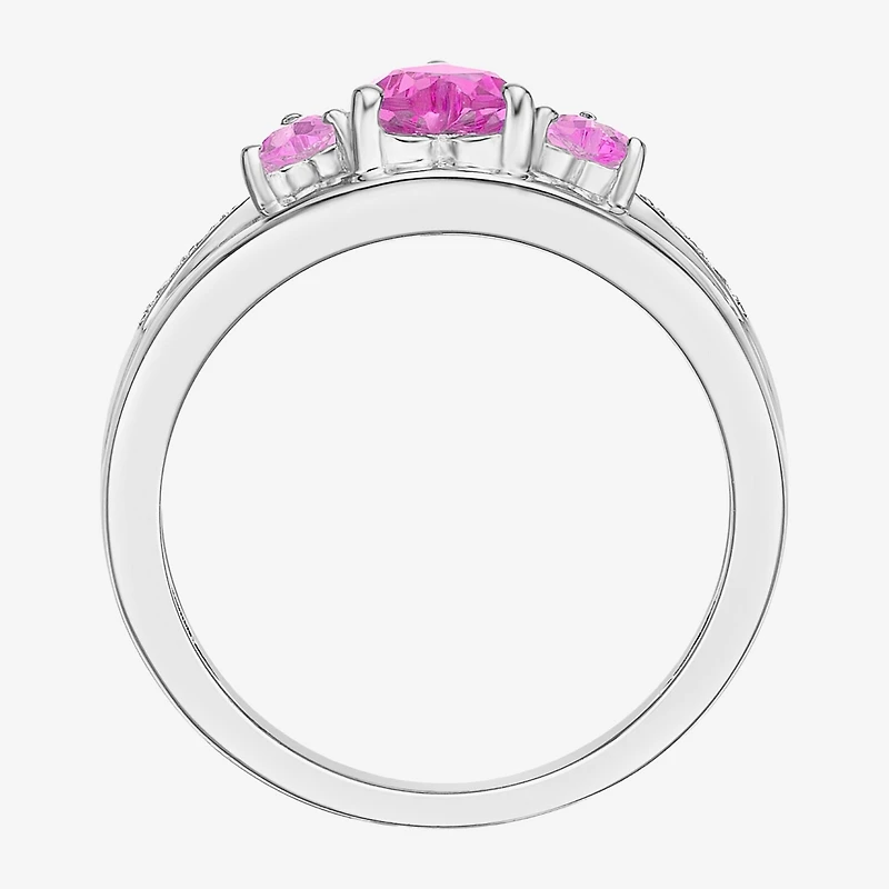 Womens Diamond Accent Lab Created Pink Sapphire Sterling Silver 3-Stone Side Stone Cocktail Ring