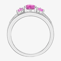 Womens Diamond Accent Lab Created Pink Sapphire Sterling Silver 3-Stone Side Stone Cocktail Ring