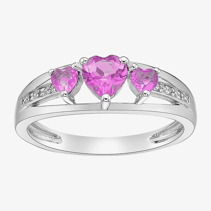 Womens Diamond Accent Lab Created Pink Sapphire Sterling Silver 3-Stone Side Stone Cocktail Ring