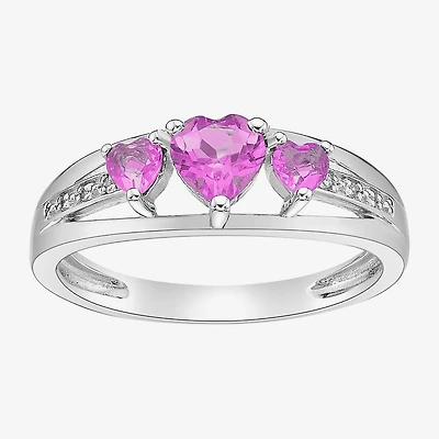 Womens Diamond Accent Lab Created Pink Sapphire Sterling Silver 3-Stone Side Stone Cocktail Ring